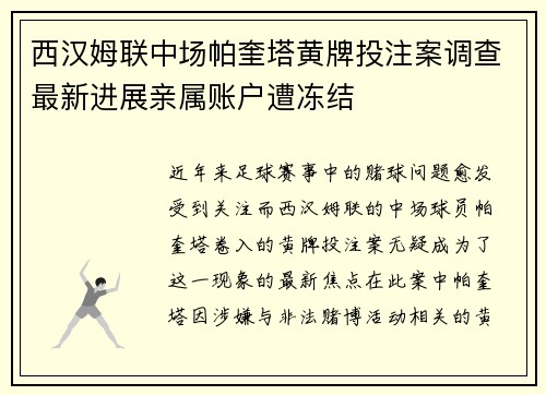 西汉姆联中场帕奎塔黄牌投注案调查最新进展亲属账户遭冻结 西汉姆联中场帕奎塔黄牌投注案调查最新进展亲属账户遭冻结