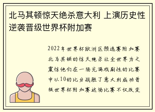 北马其顿惊天绝杀意大利 上演历史性逆袭晋级世界杯附加赛 北马其顿惊天绝杀意大利 上演历史性逆袭晋级世界杯附加赛